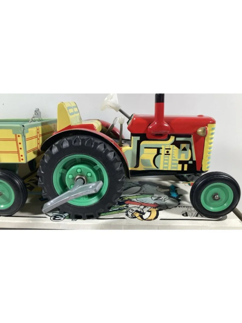 Vintage Kovap Zetor Czechoslovakia Tin Wind Up Toy Tractor & Trailer Used w/Box